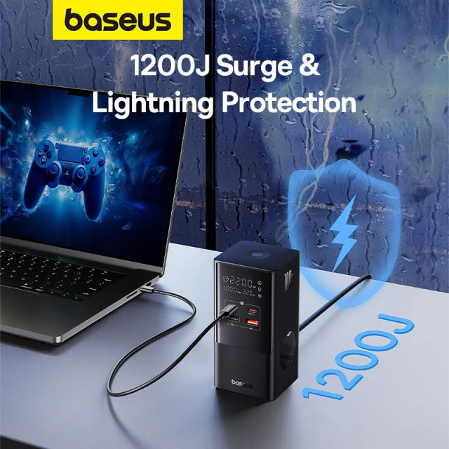 NEW Baseus 100W Fast USB Charger 6 in 1 Power Strip Desktop Charging Station With 1200J Surge Protector