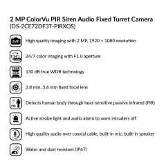 2MP ColorVu PIR Siren Audio Fixed Turret Camera | DS-2CE72DF3T-PIRXOS