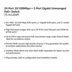 24-Port 10/100Mbps + 2-Port Gigabit Unmanaged PoE+ Switch |TL-SL1226P