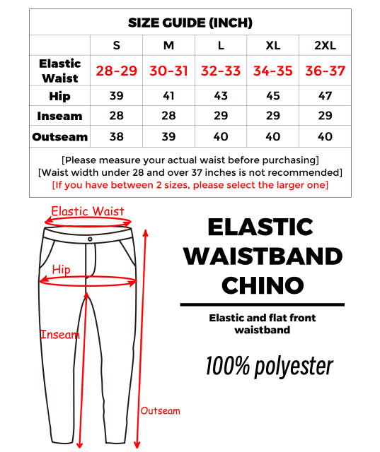 Mens Elastic Waistband Chino Pants Straight Legs Regular Fit Khaki