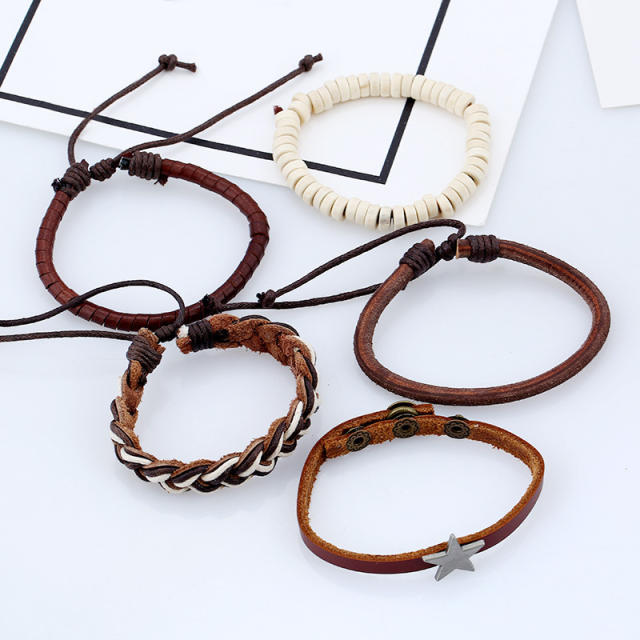 Genuine Leather Bracelet Multi-layered Vintage Woven Ethnic Tribal Adjustable