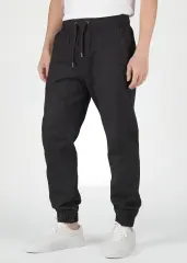 Front view close-up of ItalyMorn men's black jogger pants, featuring a comfortable elastic waistband with adjustable drawstrings, functional side pockets, and a clean slim-fit design