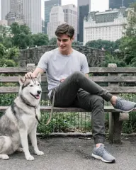 A man smiling and petting a husky dog while sitting on a park bench in front of a city skyline, wearing ItalyMorn men's dark grey green jogger pants, illustrating a stylish and relaxed everyday look
