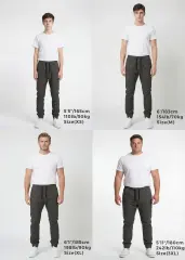 Size guide for ItalyMorn men's dark grey green jogger pants, showing four models in sizes XS, M, XL, and 3XL to provide an accurate representation of the fit for different body types and heights