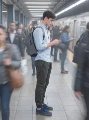 A young man standing on a busy subway platform looking at his phone, wearing a light blue button-down shirt, a backpack, and ItalyMorn men's dark grey green jogger pants, demonstrating a versatile and stylish urban commute outfit