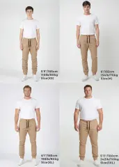 Size guide for ItalyMorn men's classic khaki jogger pants, featuring four diverse male models of different heights (5'5", 6', 6'1", 5'11"), weights (110lb, 154lb, 198lb, 242lb), and sizes (XS, M, XL, 3XL), each wearing the khaki joggers with a white t-shirt and sneakers against a clean white studio background. Text below each model specifies height, weight, and size.
