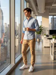A model wearing the khaki jogger pants, a light blue button-down shirt, and white sneakers, standing in a modern office looking out the window with a mug in hand. This highlights the product's versatility for a smart-casual workplace environment.