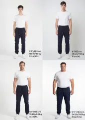 Size guide for ItalyMorn men's navy blue jogger pants, featuring four models in sizes XS, M, XL, and 3XL to showcase the accurate and flattering fit across various body types