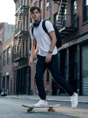 A young man skateboarding down a city street in golden hour light wearing a white t-shirt and ItalyMorn men's navy blue jogger pants, illustrating a stylish and durable outfit for urban street culture