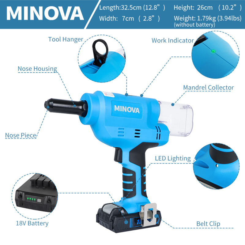 MINOVA 18V Brushless Rivet Gun KD-02X+ Battery Rivet Tool