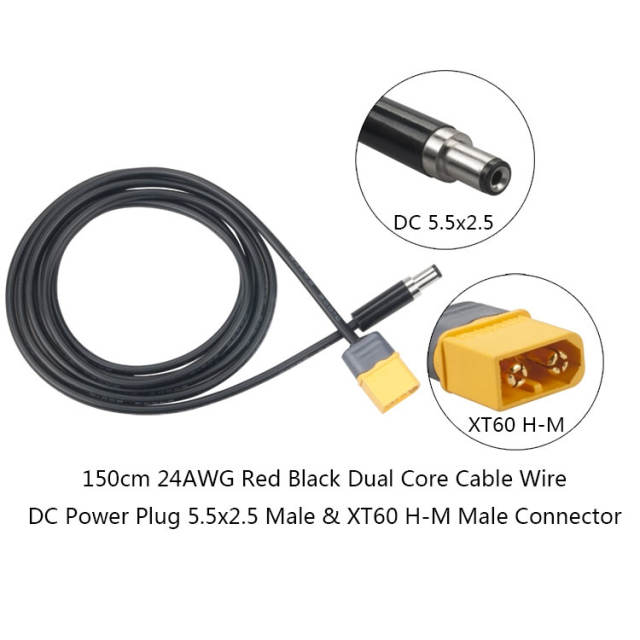 RJX - XT60 Male Bullet Connector to Male DC 5.5mm X 2.5mm DC5525 Rubber Power Cable for TS100 Electric Soldering Iron