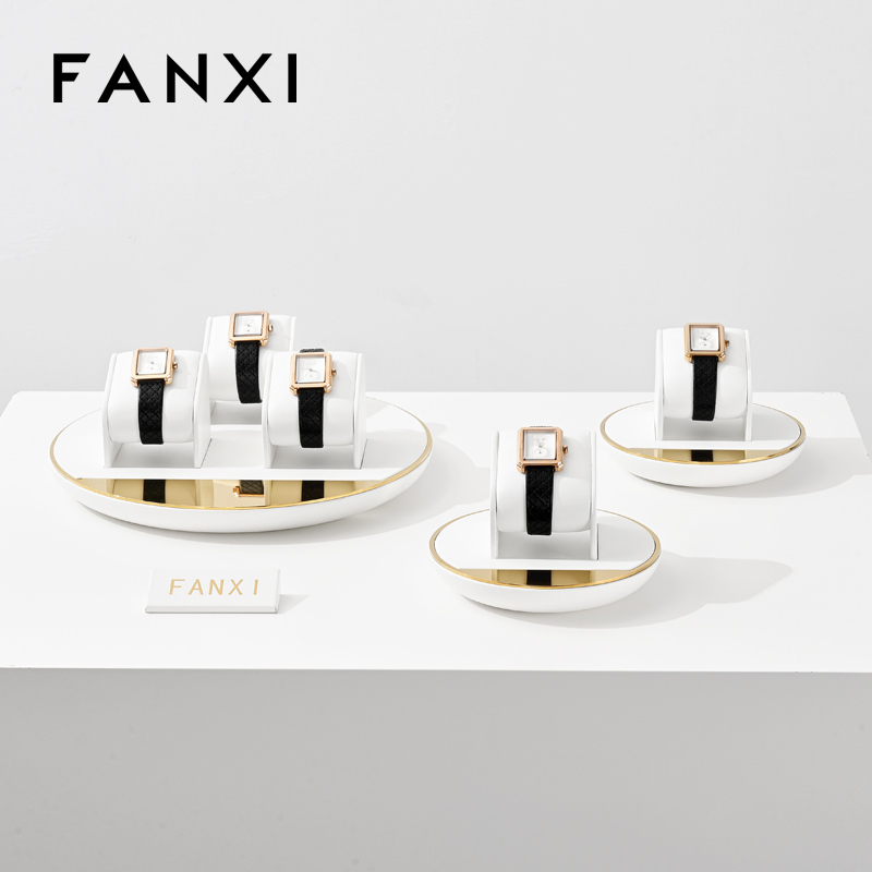 FANXI original design TT259 soft white pu leather with metal frame jewelry display set watch display