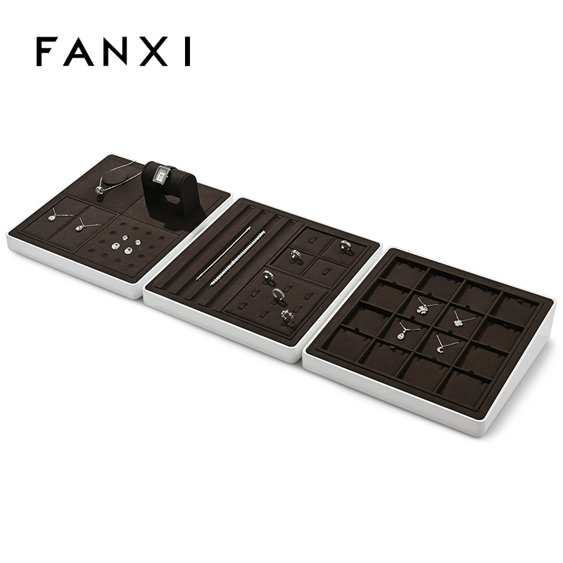 FANXI P160 New arrival accept custom microfiber MDF jewelry display tray necklace rings display trays for jewelry showcase