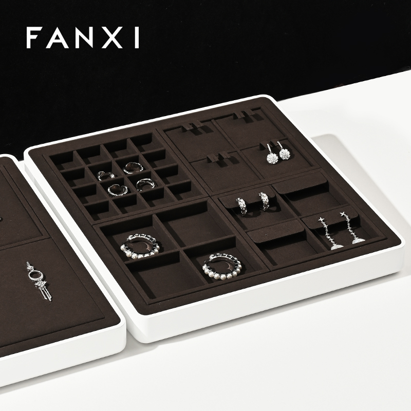FANXI P160 New arrival accept custom microfiber MDF jewelry display tray necklace rings display trays for jewelry showcase