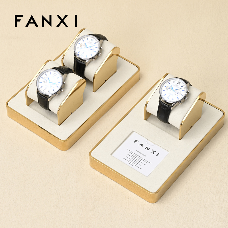 Fashion design JS105 beige microfiber watch display set with gold metal frame for watch stores
