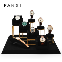 FANXI Custom Luxury Watch Display Stand Black Microfiber Gold Metal Jewelry Window Display Set