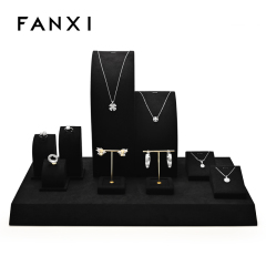 Fanxi New Arrival Luxury Custom Black Microfiber Jewelry Display Stand For Ring Necklace Jewelry Window Showcase Display Set