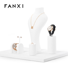 Fanxi New Arrival White Microfiber Jewelry Set For Ring Necklace Earring Jewelry Display Rack Showcase