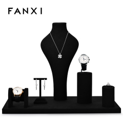 Fanxi Custom Hot Sale Black Mircrofiber Jewelry Display Stand For Ring Earring Pendant Necklace Jewelry Showcase