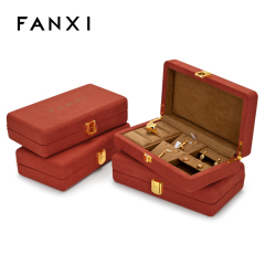 FANXI China Wholesale New Luxury Velvet Microfiber Jewellery Set Case with Golden Lock Ring Necklace Boxes Orange Jewelry Package