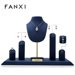 FANXI New Arrival Luxury Blue Microfiber Jewelry Display Holder Set for Ring Necklace Showcase Exhibition