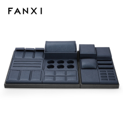 Fanxi Wholesale Custom Jewellery Showcase Leather Rack Pendant Necklace Ring Earrings Ring Jewelry Display Set Luxury Blue PU Leather Showcase