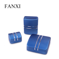 Fanxi New Design Popular Blue Pu Leather Cover Metal Jewelry Box Led Light with Soft Velvet Insert