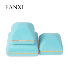 Fanxi Custom Logo Velvet Azure Color Jewelry Box Luxury Necklace Ring Box Jewelry Packaging Box