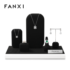 FANXI New Fashion Earring Ring Necklace Display Stand Black Microfiber MDF Metal Jewelry Display Set