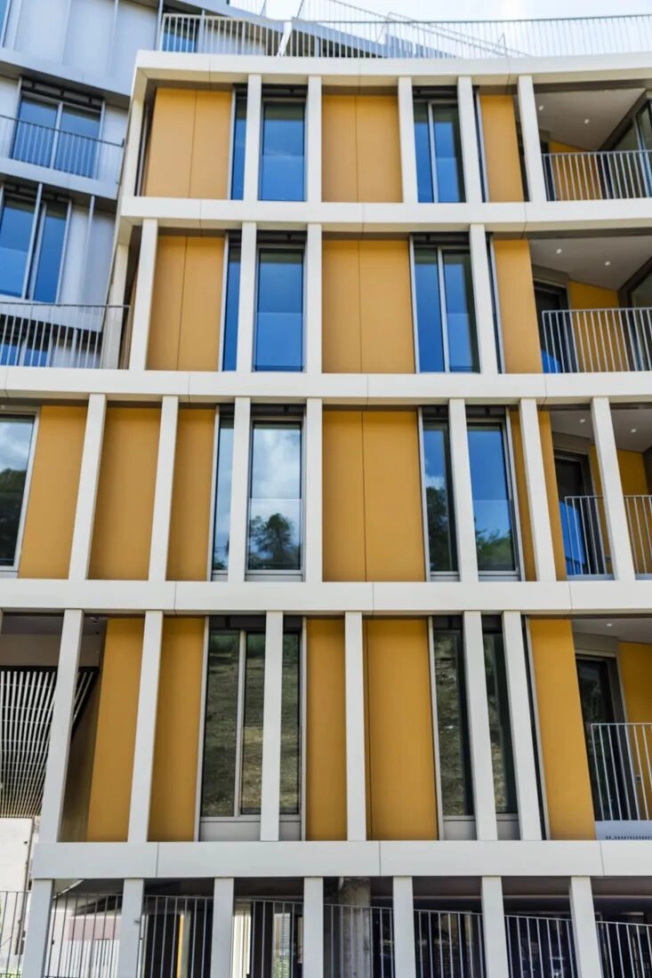 Balcony facade detail with modern architectural panels