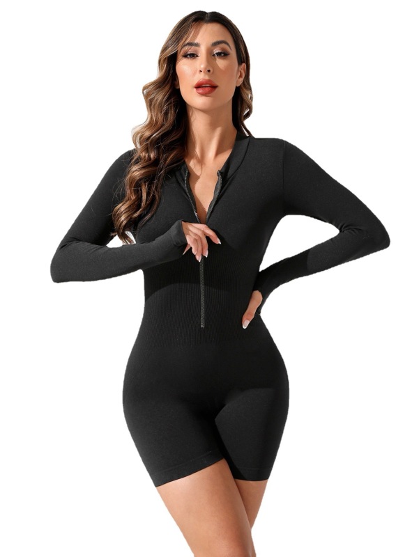 New Seamless One-piece Yoga Suit Women's Long Sleeve Zipper Tops Tight Shorts Sports Gym Training Yoga Wear