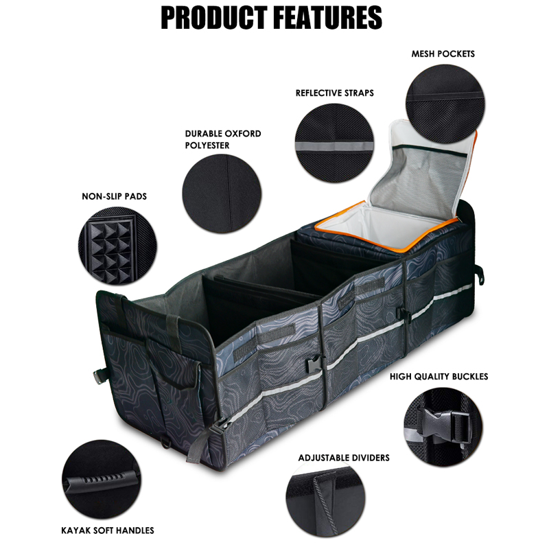 Trunk Organizer With Reflective Stripe For Car 3 Large Compartments Foldable Waterproof Portable Car Storage Box