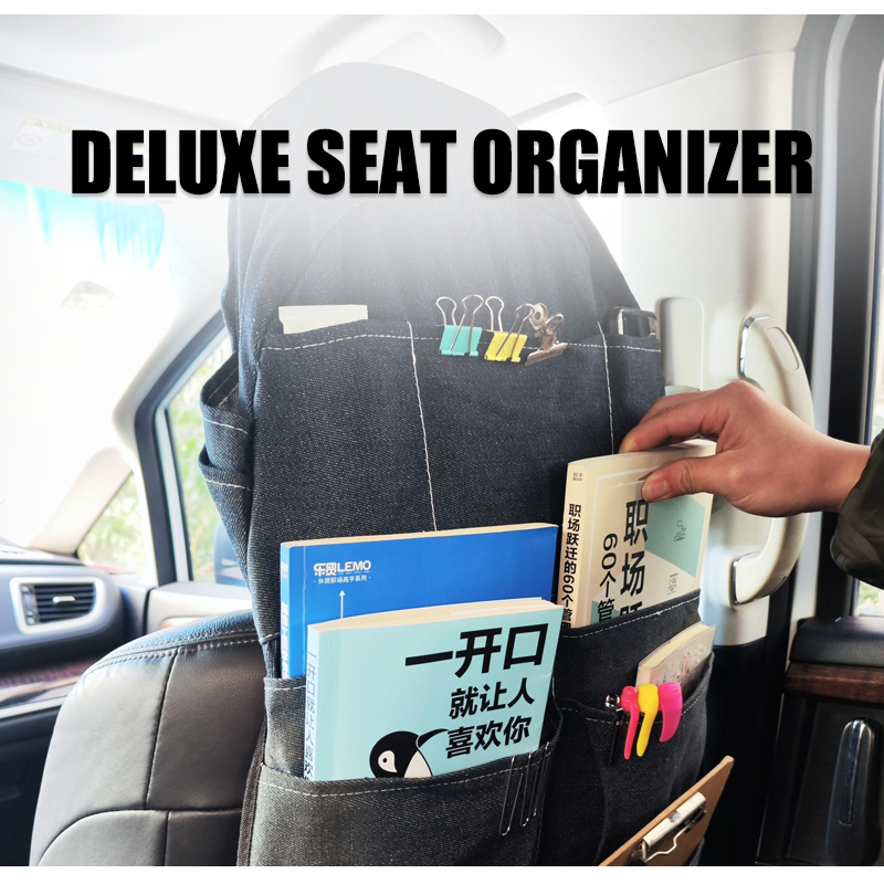 Deluxe Denim Seat Car Organizer with Seat Back Storage Pockets and Bag Dispensers