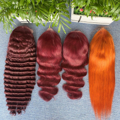 Human Hair13*4 transparent full frontal wig with 200% density in Burgundy& ginger pre-made wig straight deep wave and body wave