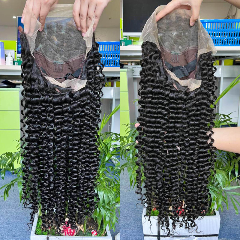 Wholesale Human Hair 13*4 transparent full frontal deep wave wig with 180% density glueless wig factory made wig pre-made wig