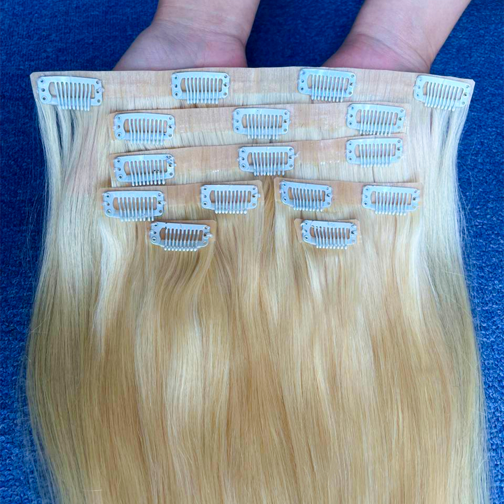 Wholesale PU Seamless Clip In Hair Extensions Straight 613 Blonde Brazilian Virgin Human Hair Clip Ins