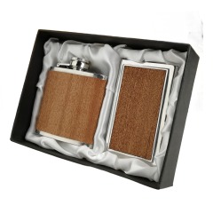 3oz deep wooden wrapped hip flask with wooden wrapped stainless steel mirror business card holder,high quality mirror,No scratch