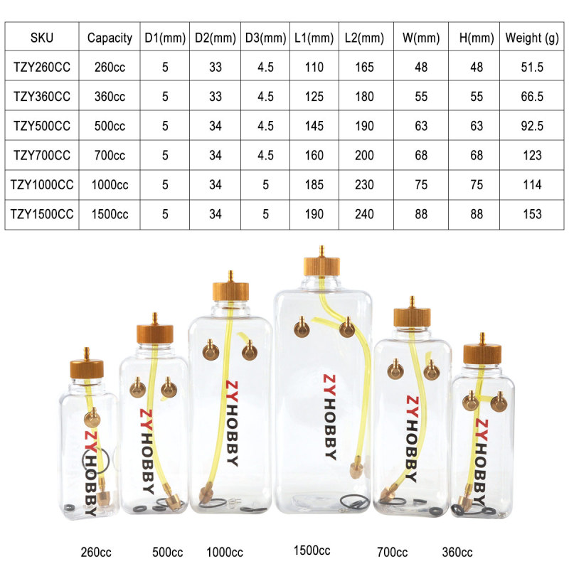 ZYHOBBY RC Fuel Tank Transparent Plastic Bottle 260/360/500/700/1000/1500 ML/CC CNC Aluminum Alloy for Gas and Nitro Airplane Model