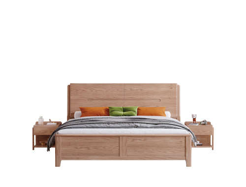 Ash Wood Solid Bed With Upholsterd Bed Headboard B3103