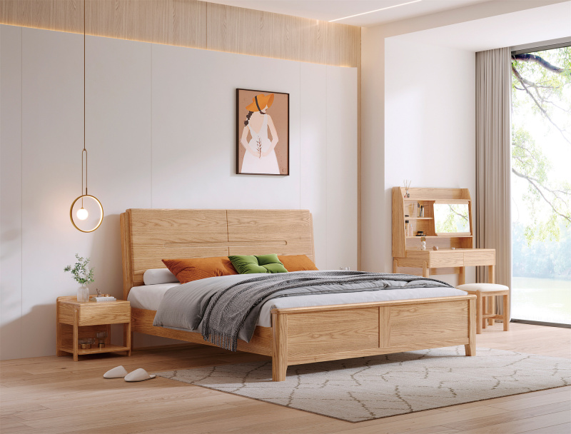 Ash Wood Solid Bed With Upholsterd Bed Headboard B3103