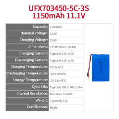 Li-polymer Battery' Manufacturer Custom Electric Tools Battery UFX 703450-3S 11.1V 1150mAh 5C Discharge Battery Pack