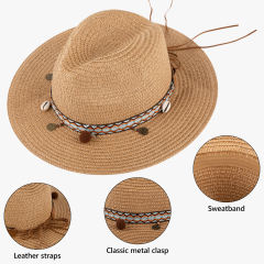 COOPLUS Womens Summer Straw Hat Wide Brim Foldable Panama Sun Protection Hat Boho Decorative Bands For Women