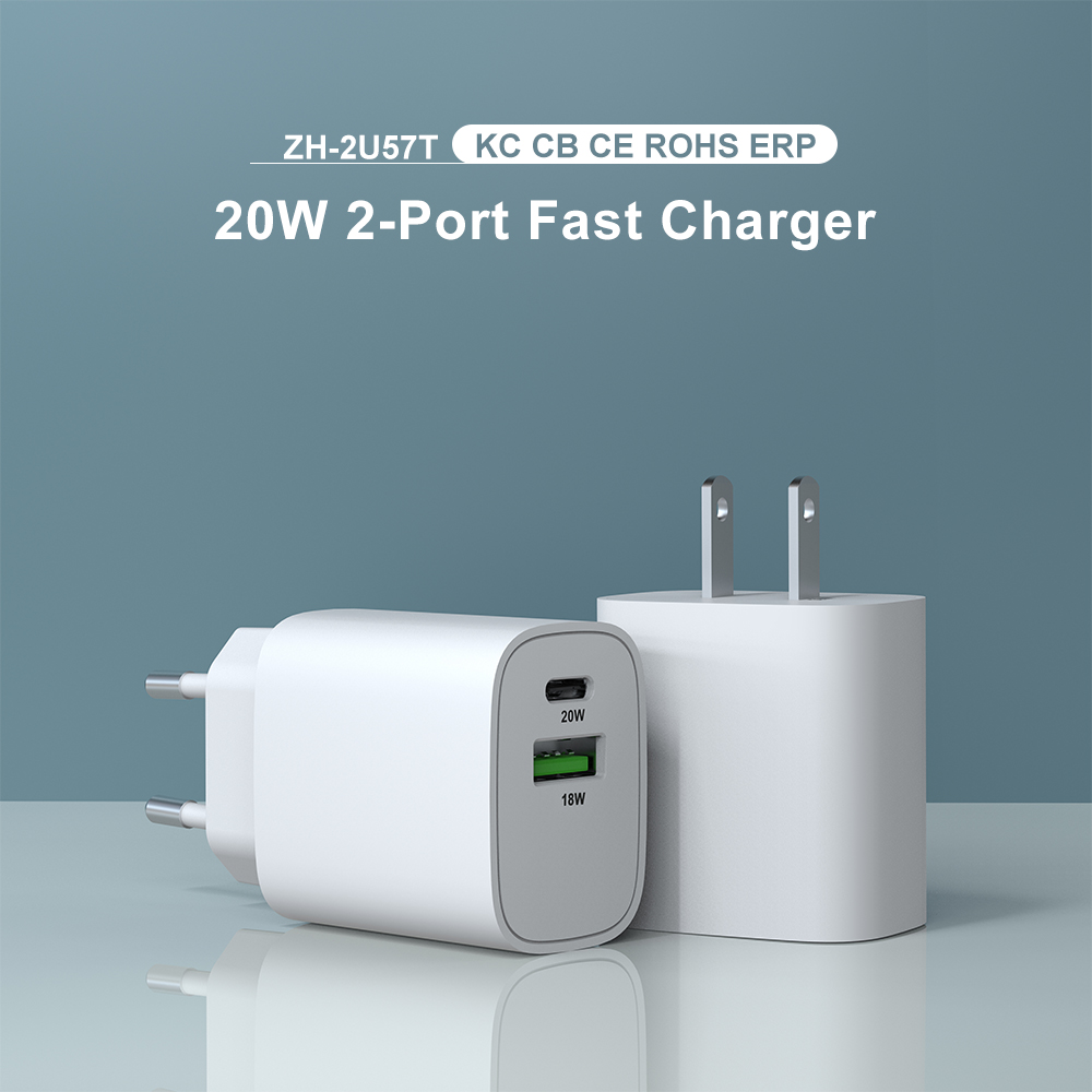 Zonhope 20W USB-C Fast Charger Dual Ports PD+QC Fast Charge EU Plug White Black