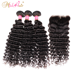 Mink Hair Deep Wave 3 Bundle Deals With Lace Closure Frontal Hair Brazilian Wholesale
