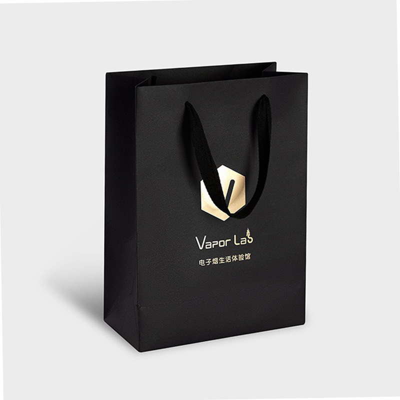 Custom Hot Stamping Logo Spot UV Luxury Black Card Paper Bag With Grosgrain Handle