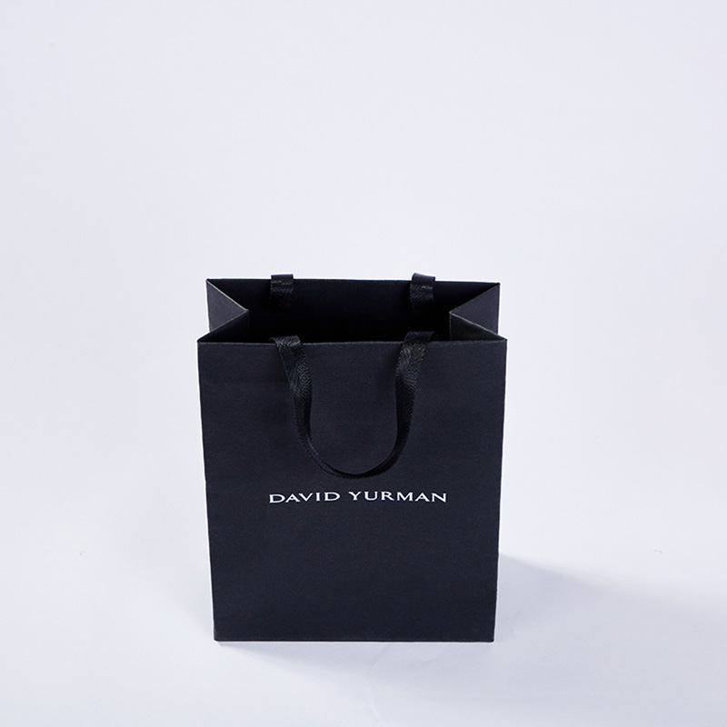 Custom Hot Stamping Logo Spot UV Luxury Black Card Paper Bag With Grosgrain Handle