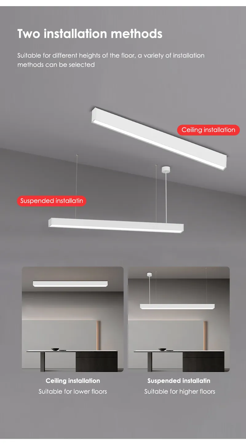 Linear LED fixture shown ceiling-mounted and suspended