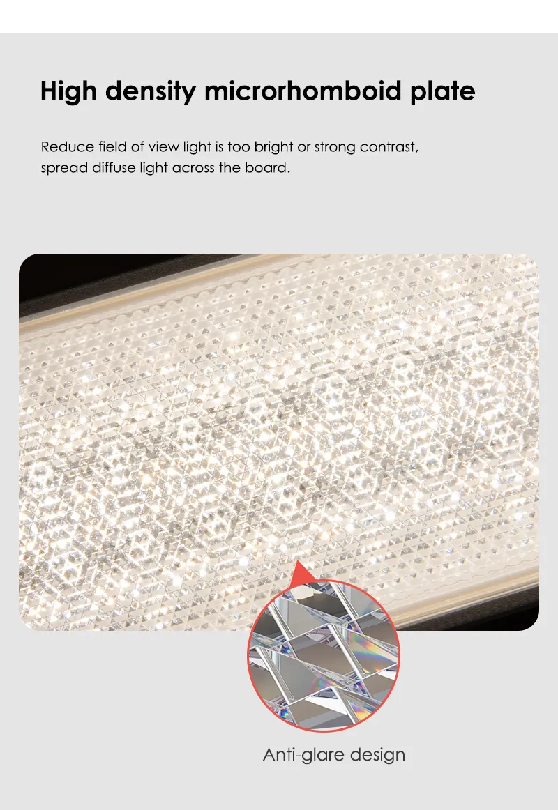 Close-up of micro-rhomboid diffuser panel with anti-glare inset