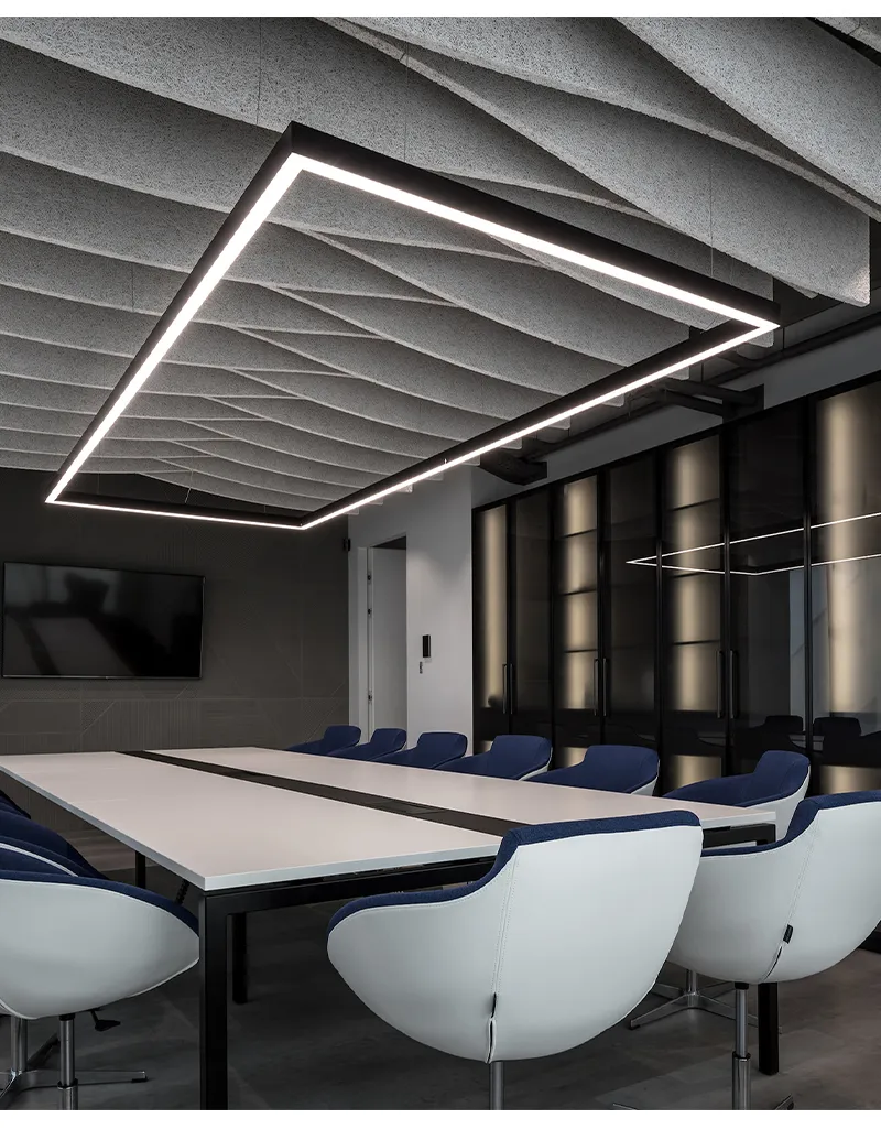 Conference room with rectangular ring-shaped suspended LED fixture