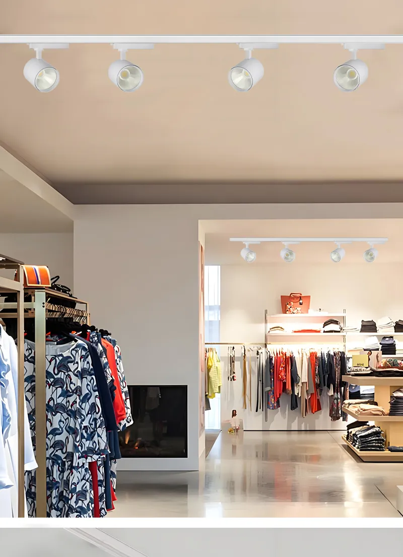 White track lighting installed in a clothing store
